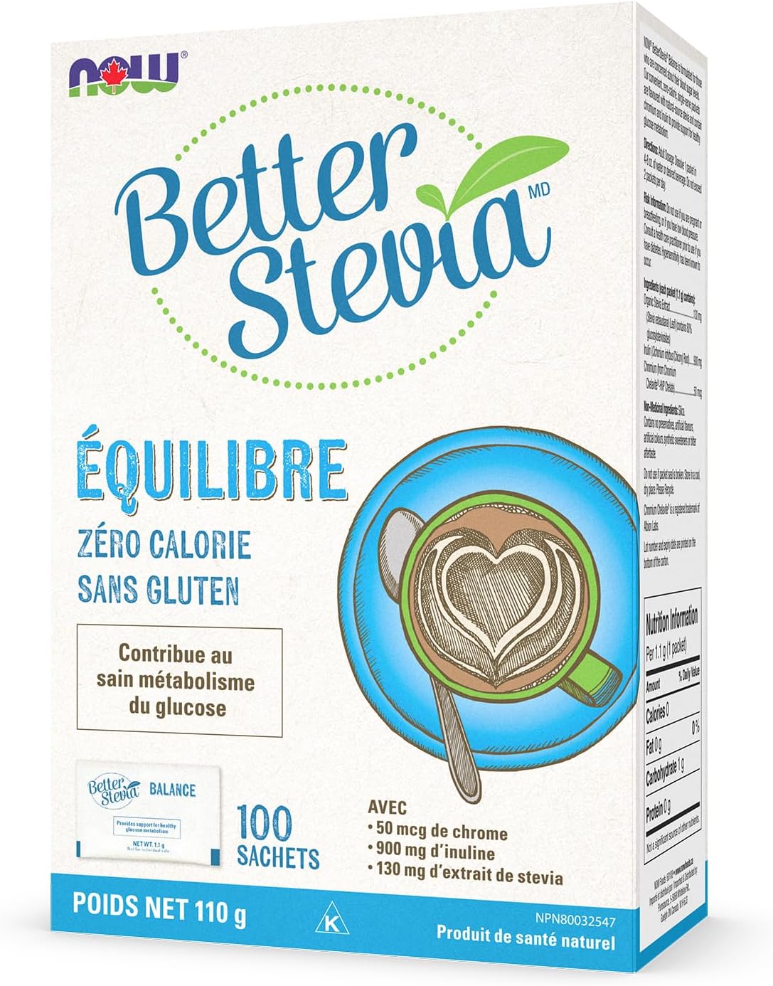 NOW Foods BetterStevia Balance 含铬和菊粉，零卡路里颗粒状甜味剂包，生酮友好，适合糖尿病患者，不含赤藓糖醇，100 包