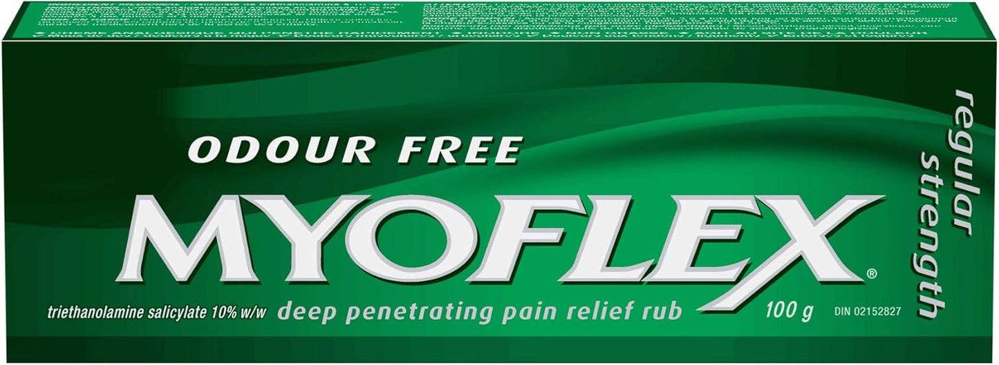 Myoflex 止痛膏 | 无味 | 深层缓解肌肉酸痛和关节痛 | 不含薄荷醇 | 无污渍 | 不油腻 | 适合 2 岁以上 | 100 克（常规强度）
