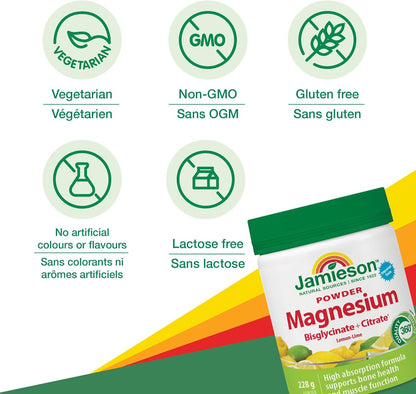 Jamieson 強效甘胺酸鎂 300 毫克粉末，天然檸檬青檸口味，支持肌肉功能、骨骼健康，提升能量。無麩質，不含人工色素、香精或防腐劑，228 克