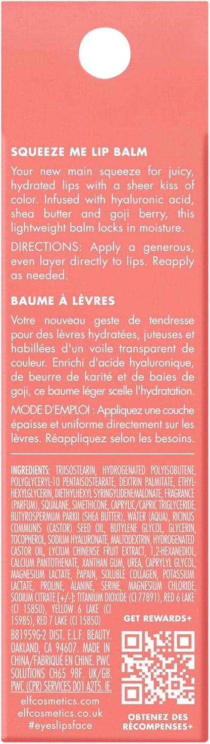 e.l.f. Squeeze Me Lip Balm, Moisturizing Lip Balm For A Sheer Tint Of Colour, Infused With Hyaluronic Acid, Vegan & Cruelty-free, Strawberry