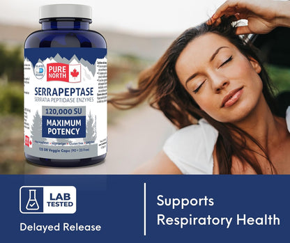 Pure North Naturals - Serrapeptase 沙雷氏菌肽酶 120000 SU 最大效力（90+35 粒胶囊）125 天供应 - 支持呼吸健康 - 经第三方测试 - 加拿大配制和制造