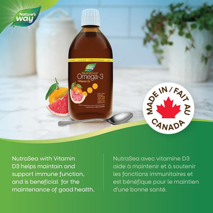 Nature's Way NutraSea Omega-3 and Vitamin D Supplement - Fish Oil with EPA and DHA – Support Healthy Heart and Brain, Help Build Strong Bones and Teeth & Help Support Immune System - Grapefruit Tangerine, 500 ml Liquid