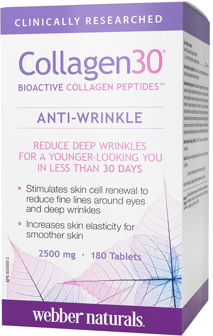 Webber Naturals Collagen30 抗皱片，每份含 2,500 毫克生物活性胶原蛋白肽，180 片，有助于减少深层皱纹、细纹并刺激皮肤细胞