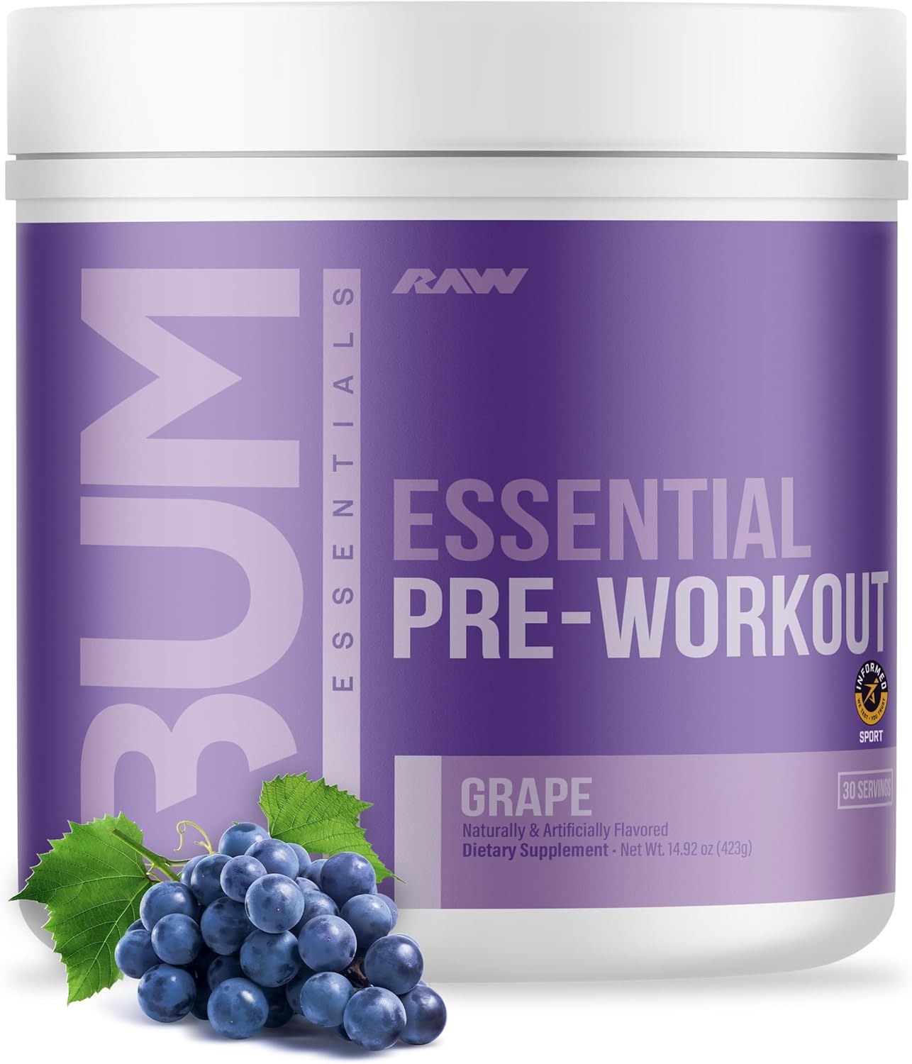 RAW BUM Essential Pre Workout Powder | Chris Bumstead Signature Essential Pre Workout | Caffeine, L-Citrulline, L-Tyrosine, & Beta Alanine Blend | 30 Servings (Grape)