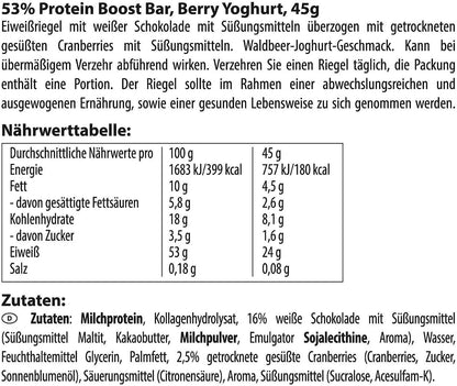 Multipower 53% Protein Boost Bar - Berry Yoghurt Flavor - High-Protein Low-Sugar Snack - 45g Bars (20 Pack)