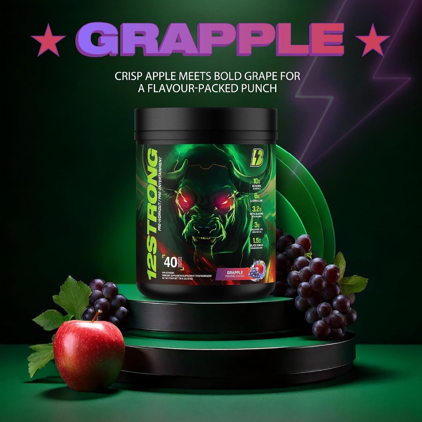 BULL Nutrition 12 STRONG - 含甘油、L-瓜氨酸、β-丙氨酸和肌酸补充剂的运动前粉末，可促进肌肉生长并提高耐力、力量、专注力和能量输出 - 加拿大制造 - 40 份……