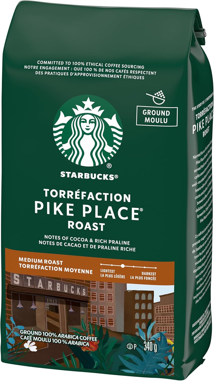 星巴克派克市场烘焙研磨咖啡，中度烘焙，口感顺滑，拉丁美洲咖啡豆混合均匀，340克/袋