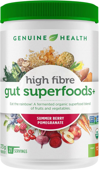 Genuine Health High Fibre Gut Superfood – Organic Fruit & Vegetables Powder, Natural Fibre Supplement - Vegan, Gluten-Free, USDA Organic, Non-GMO – Summer Berry, 21 Servings