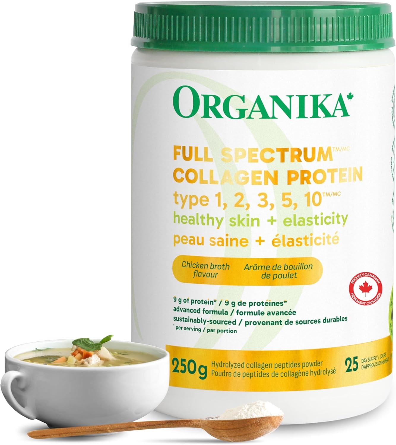 Organika Canadian-Made Full Spectrum Collagen - Type 1,2,3,5,10 - Complete Collagen Naturally Containing Hyaluronic Acid and Elastin for Healthier Hair, Skin and Joints Mild Chicken Broth Flavour 250g
