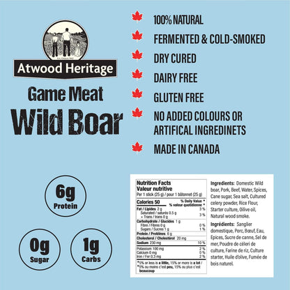 Atwood Heritage 野豬、豬肉和牛肉零食棒，5 根，125 克，高蛋白，無麩質，無硝酸鹽，加拿大製造