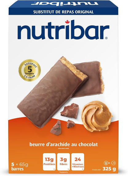 Nutribar 巧克力花生酱味能量棒，高蛋白，代餐棒，24 种维生素和矿物质，高纤维，加拿大制造，5 条装 *包装可能有所不同*