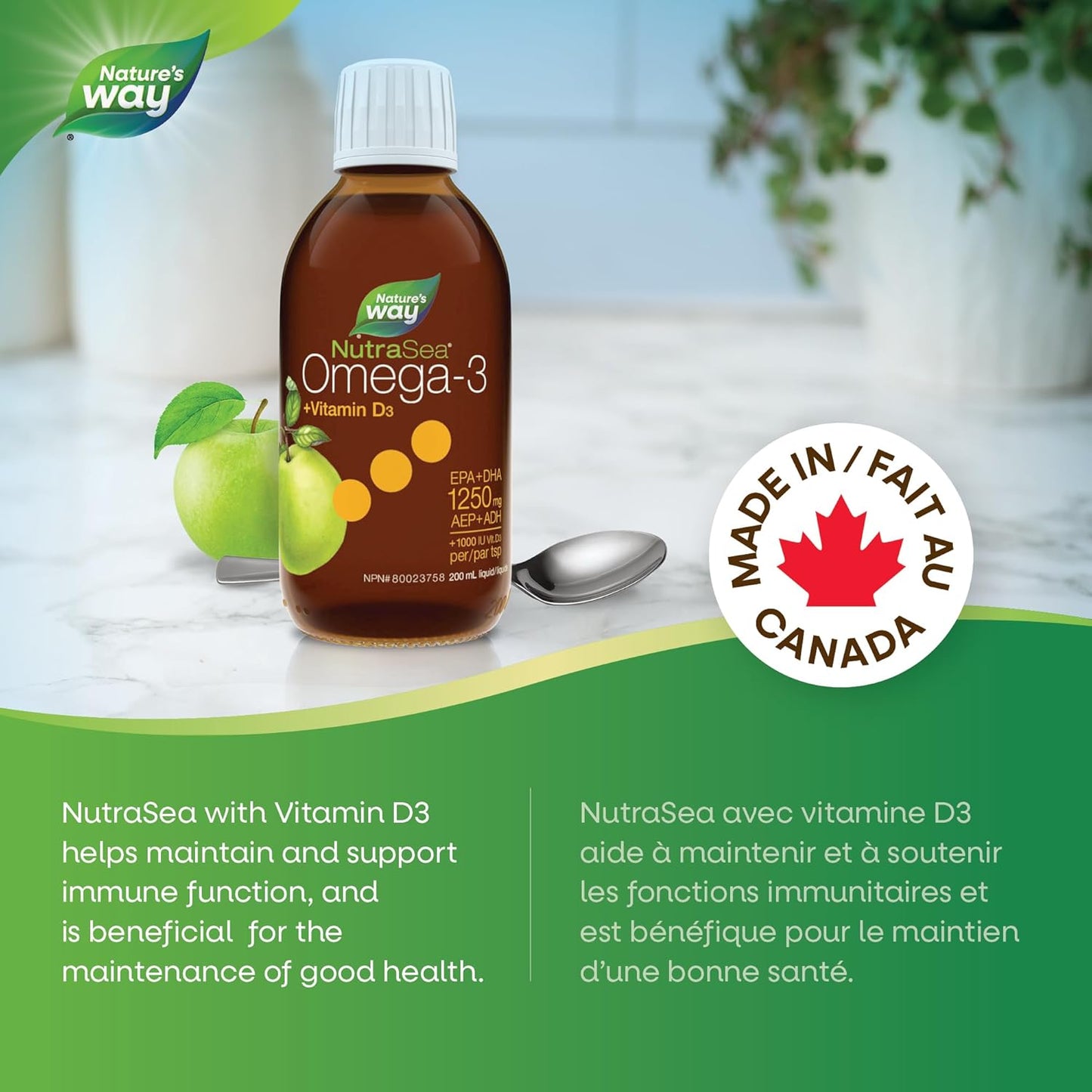 Nature's Way NutraSea+D，Omega 3 + 维生素 D 补充剂，苹果脆，200 毫升液体