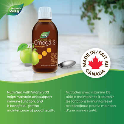 Nature's Way NutraSea+D，Omega 3 + 维生素 D 补充剂，苹果脆，200 毫升液体