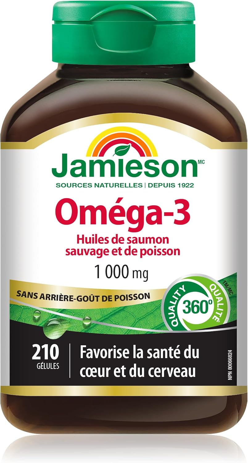 Jamieson 野生鮭魚魚油 1000 毫克，無魚腥味，有益心臟和大腦健康。蘊含阿拉斯加野生鮭魚、EPA 和 DHA，非基因改造，無麩質，加拿大製造，210 粒軟膠囊