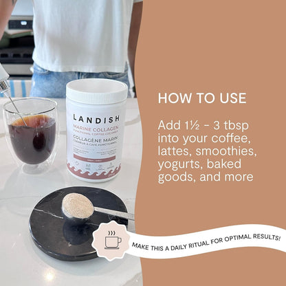 Landish 海洋膠原蛋白咖啡奶精粉 - 野生海洋膠原蛋白、靈芝、獅鬃菇和維生素 C - 有益於皮膚、頭髮和指甲，促進關節和免疫健康 - 香草味 - 不含乳製品、不含麩質、不添加糖…