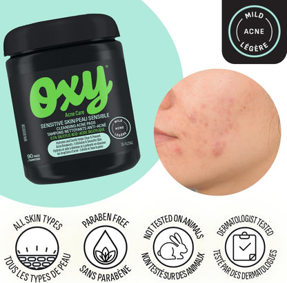 Oxy Sensitive Skin Cleansing Acne Pads - Clinically Proven Salicylic Acid (0.5%) – Gentle Formula to Help Treat and Prevent Breakouts - Enhanced Moisturizers - Unscented - Dermatologist Tested
