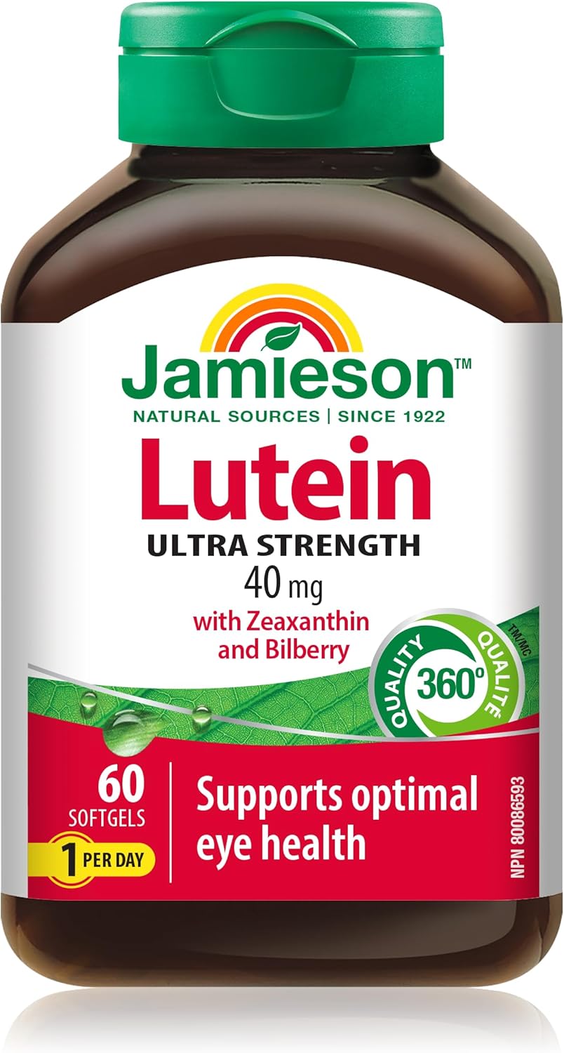Jamieson 强效叶黄素 40 毫克，添加玉米黄质和越橘提取物，有益于眼部健康，并有助于降低患白内障的风险。非转基因，无麸质，60 粒软胶囊，加拿大制造