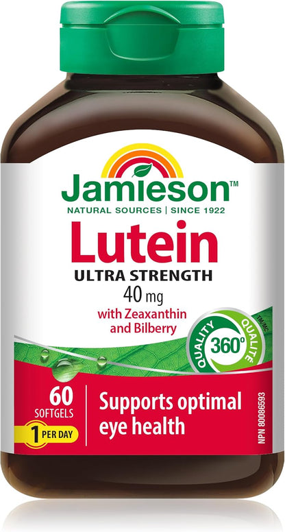 Jamieson 强效叶黄素 40 毫克，添加玉米黄质和越橘提取物，有益于眼部健康，并有助于降低患白内障的风险。非转基因，无麸质，60 粒软胶囊，加拿大制造