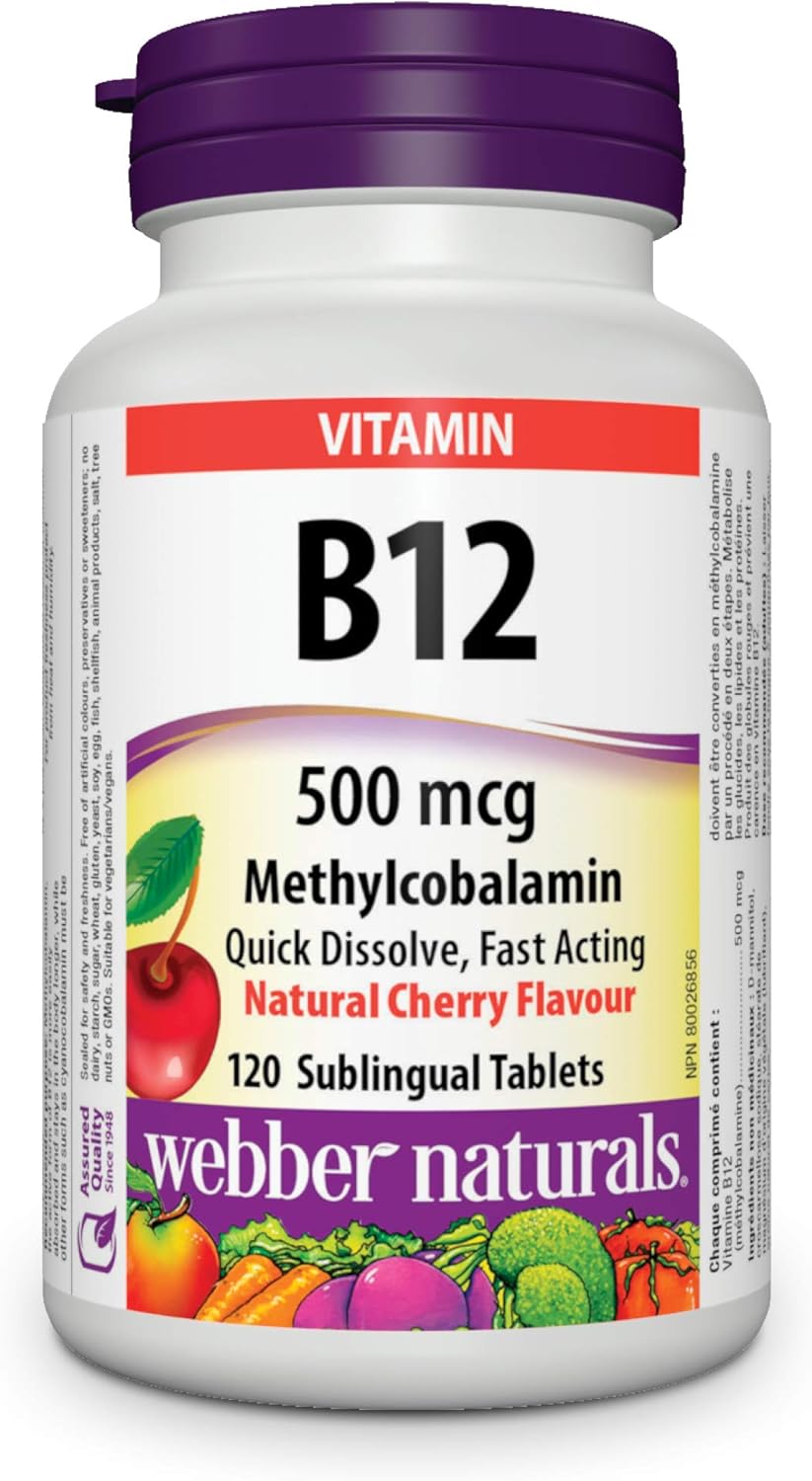 Webber Naturals 维生素 B12 500 微克，速溶，120 片，天然樱桃味，支持能量产生和新陈代谢