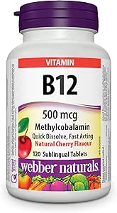 Webber Naturals 維生素 B12 500 微克，速溶，120 片，天然櫻桃味，支持能量產生和新陳代謝