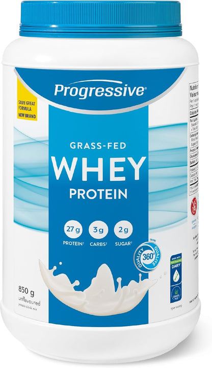 Progressive Grass-Fed 100% Whey Protein Powder Unflavoured, 27g of New Zealand Whey Concentrate per Scoop for Muscle Gain, Pasture-Raised, Non-GMO, Canadian-Made Antibiotic-free, Hormone-free, 850 g