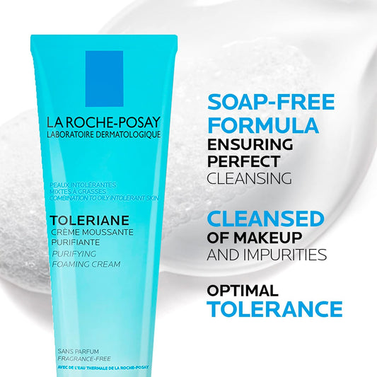 La Roche-Posay Face Cleanser, Toleriane Purifying Foaming Cream for Sensitive Skin with Glycerin, Cleanser and Makeup Remover, Fragrance Free, Preservative Free, Soap Free, Dermatologist Recommended Brand, 125 ML