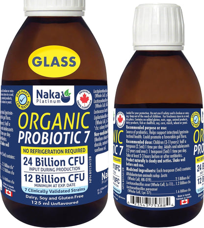 Naka Platinum 有机益生菌 7 液，保质期长，支持消化健康，支持健康的肠道菌群，缓解肠易激综合征 (IBS)、腹胀和便秘症状，无味，加拿大制造，适用于成人和儿童（125 毫升）