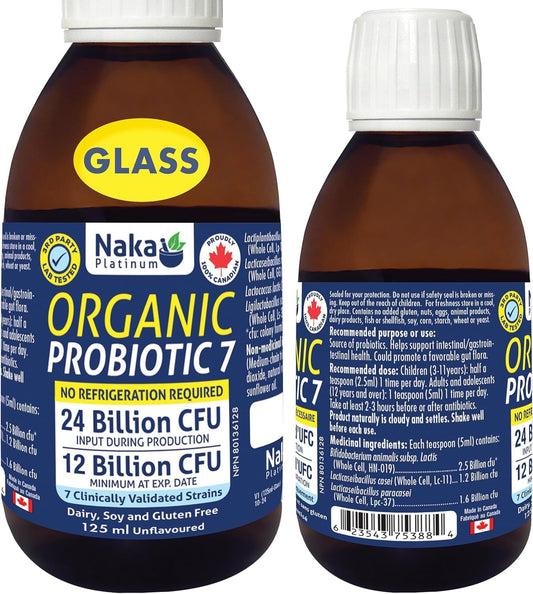 Naka Platinum 有机益生菌 7 液，保质期长，支持消化健康，支持健康的肠道菌群，缓解肠易激综合征 (IBS)、腹胀和便秘症状，无味，加拿大制造，适用于成人和儿童（125 毫升）