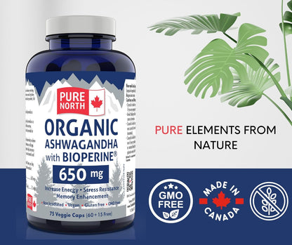 Pure North Naturals - 有機南非醉茄，含 BioPerine，75 粒素食膠囊，18 天用量 - 提高能量、認知功能和記憶力 - 經第三方測試 - 加拿大配製和製造