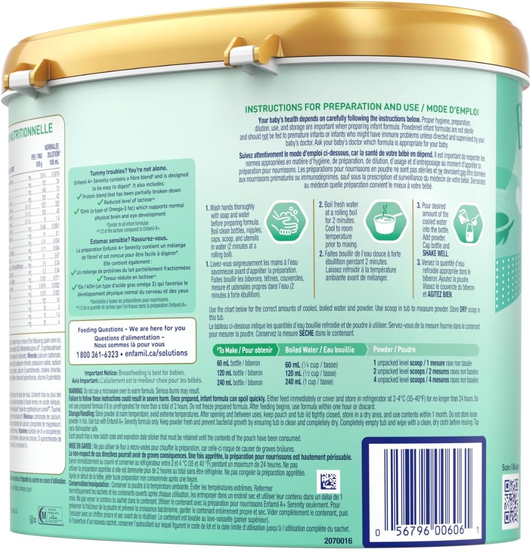 Enfamil A+ Serenity 婴儿配方奶粉，专为软便设计，Omega-3 DHA 和纤维混合物，可重复使用奶粉盒，578 克