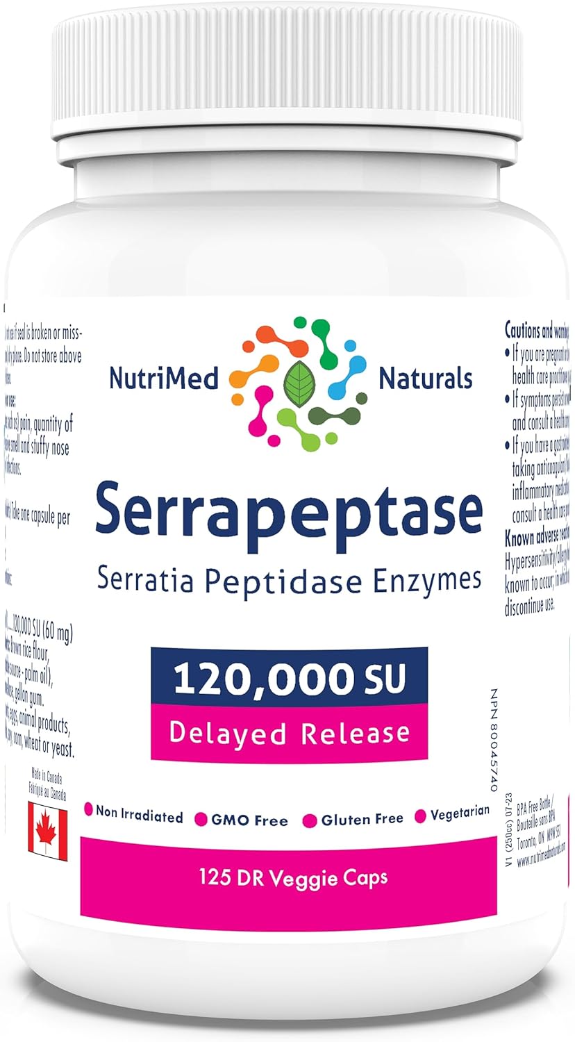 Nutrimed Naturals - Serrapeptase 120000, 125 Capsules 125-Day Supply - High Potency Systemic Enzyme Supplement, Serrapeptase Blend for Optimal Health - 3rd Party Tested - Formulated and Made in Canada