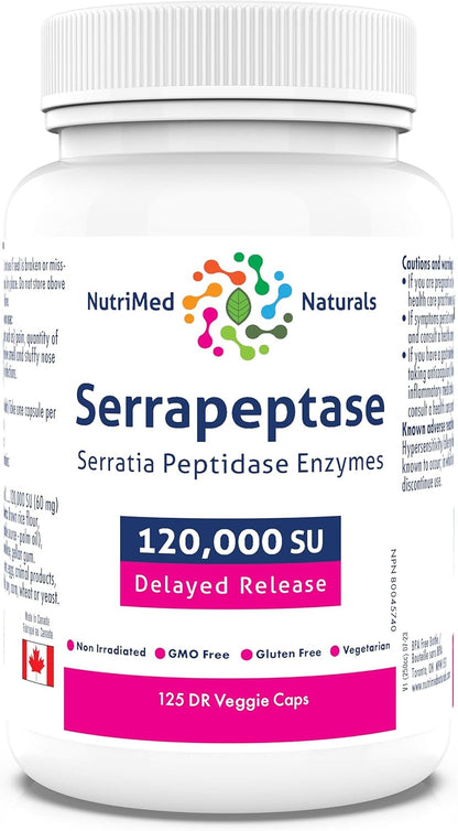 Nutrimed Naturals - Serrapeptase 120000, 125 Capsules 125-Day Supply - High Potency Systemic Enzyme Supplement, Serrapeptase Blend for Optimal Health - 3rd Party Tested - Formulated and Made in Canada