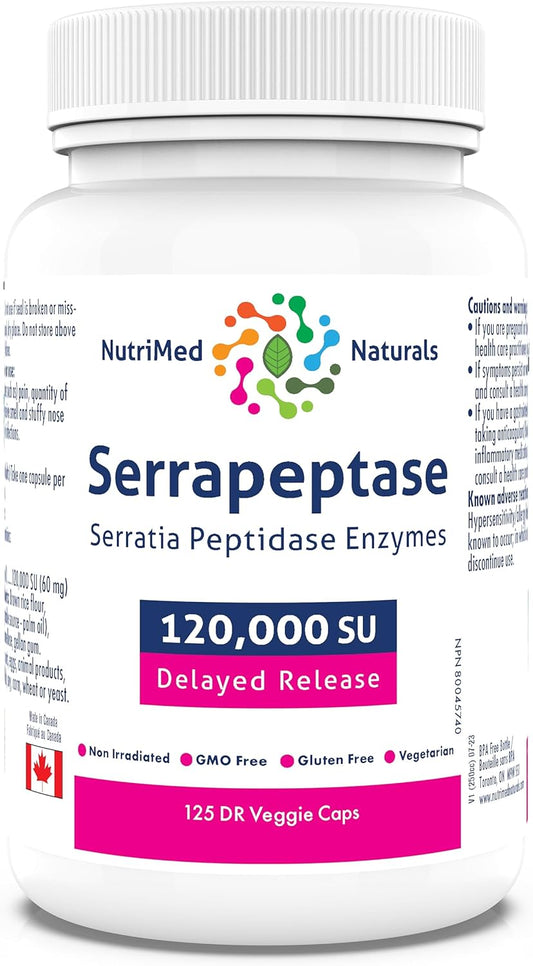 Nutrimed Naturals - Serrapeptase 120000, 125 Capsules 125-Day Supply - High Potency Systemic Enzyme Supplement, Serrapeptase Blend for Optimal Health - 3rd Party Tested - Formulated and Made in Canada