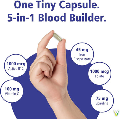 VITALITY Power Iron Bisglycinate 高劑量 45 毫克 - 含 B12 1000 微克、維生素 C、葉酸、高吸收率造血鐵補充劑，適用於缺鐵的男性和女性，120 粒素食膠囊