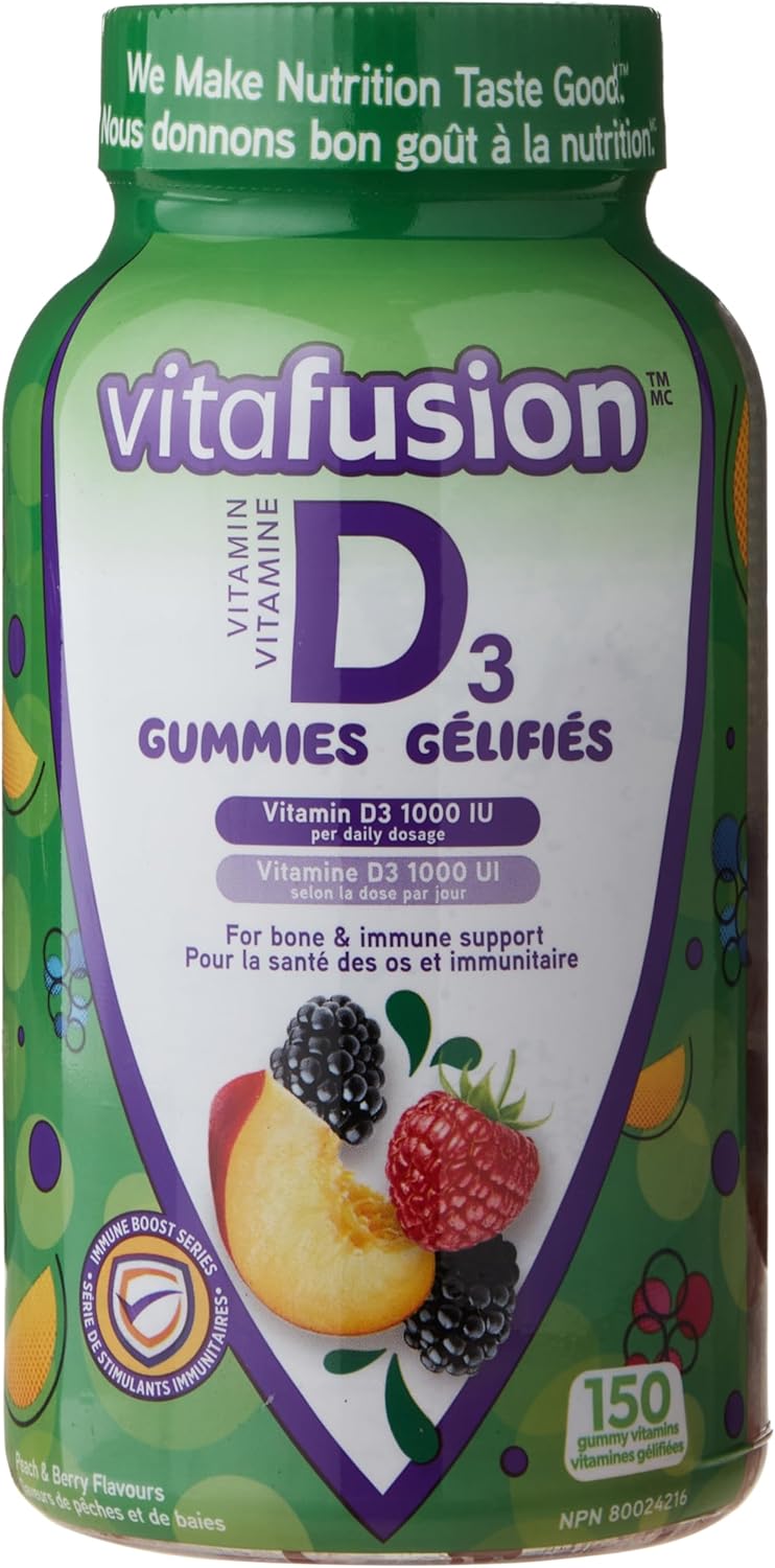 Vitafusion D3 成人維生素軟糖，1000 IU 維生素 D3 每日劑量，支持骨骼和牙齒*，150 粒，5 個月用量，包裝可能有所不同