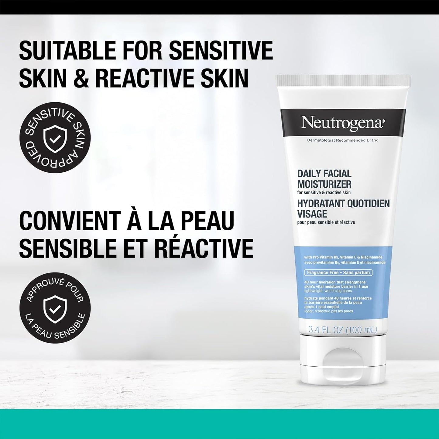 Neutrogena Fragrance Free Daily Facial Moisturizer, Face & Neck Moisturizer for Sensitive Skin with Vitamin B3, Pro-Vitamin B5 & Vitamin E Supports Skin's Dynamic Barrier, 100ml