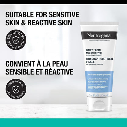 Neutrogena Fragrance Free Daily Facial Moisturizer, Face & Neck Moisturizer for Sensitive Skin with Vitamin B3, Pro-Vitamin B5 & Vitamin E Supports Skin's Dynamic Barrier, 100ml