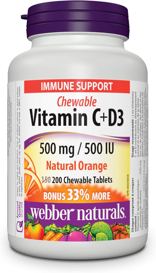 Webber Naturals Vitamin C with D3 Chewable, 500 mg of Vitamin C and 500 IU of Vitamin D Per Orange Flavour Tablet, 200 Tablets, Supports Immune Health