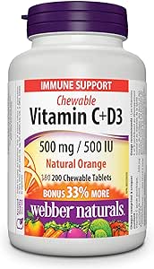Webber Naturals 維生素 C 加 D3 咀嚼片，每片橙味含 500 毫克維生素 C 和 500 國際單位維生素 D，200 片，支持免疫健康