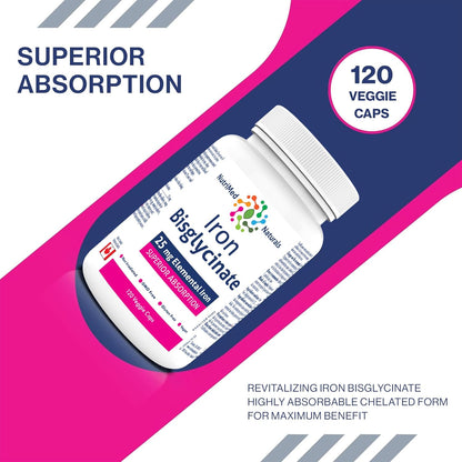 Nutrimed Naturals - 甘氨酸鐵，120 粒素食膠囊，120 天用量 - 25 毫克元素鐵缺乏性貧血和相關疲勞和乏力 - 經第三方測試 - 加拿大配製和製造
