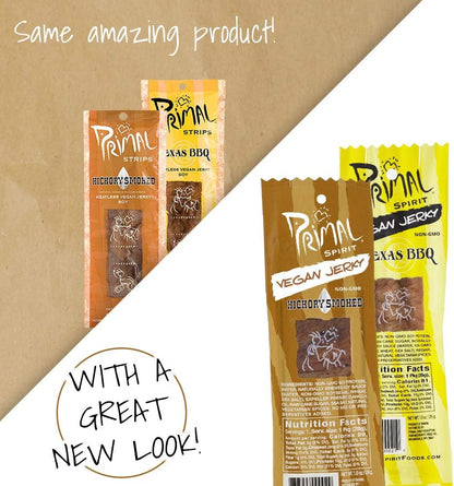 Primal Spirit Vegan Jerky - Soy Protein Energy Pack, 10 g. Plant Based Protein, Certified Non-GMO, No Preservatives, Sports Friendly Packaging The Classics Hickory Smoked and Texas BBQ (12-Pack, 1 oz)