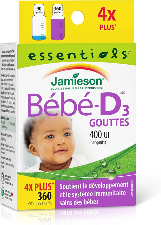 Jamieson 婴儿维生素 D3 滴剂 400 IU，支持宝宝发育、免疫健康、骨骼和牙齿健康。纯正优质配方，非转基因，无麸质，无乳糖，无人工色素、香精或防腐剂……
