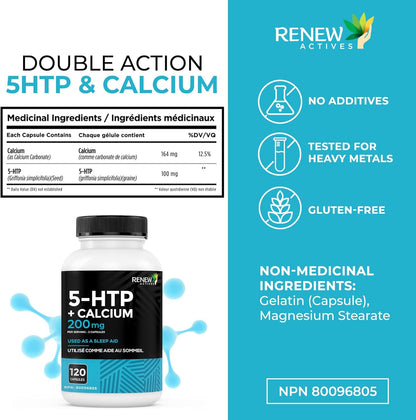 RENEW ACTIVES 5-HTP 200MG 和 328MG 鈣補充劑，每 2 粒膠囊 - 天然助眠劑，促進情緒平衡和放鬆 - 有助於維持骨骼和肌肉健康 - 加拿大製造 - 120 粒膠囊