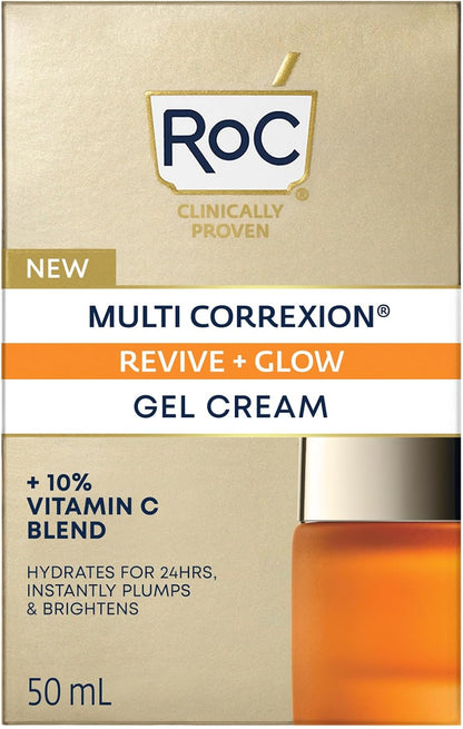 RoC Multi Correxion® Revive + Glow 10% Vitamin C Blend Face Moisturizer, Anti-Aging Gel Cream for Instant Glow, Hypo-Allegenic & Oil-Free Skin Care, 50ML