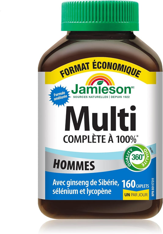 Jamieson 100% 男士复合维生素，含西伯利亚人参、番茄红素和硒。支持眼部健康、提升能量、增强免疫力和日常健康，无麸质，每日一片，160 粒胶囊