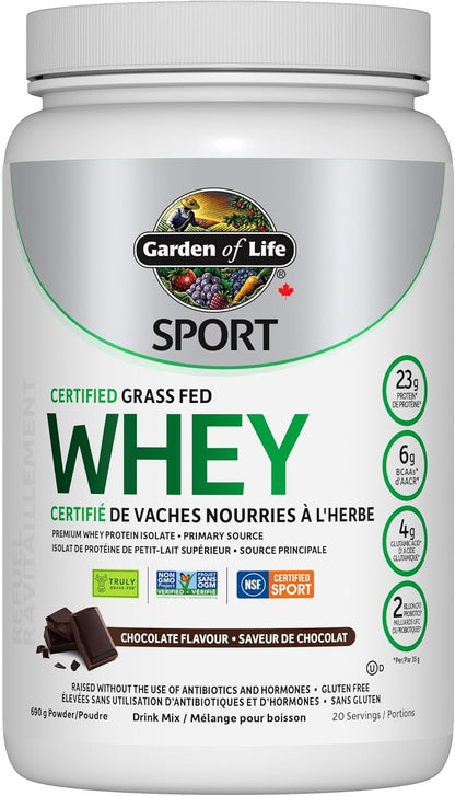 Garden of Life Sport Certified Grass Fed Whey, Chocolate, 690g Rigorously tested, NSF Certified for Sport and Informed Choice certifications. 23g of Complete Protein with 6g BCAAs