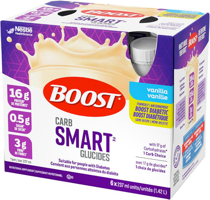 BOOST CarbSmart 香草味，高蛋白，低糖，24 种维生素和矿物质，营养补充剂，16 克蛋白质，0.5 克糖，犹太洁食，无麸质，适合糖尿病患者，24 瓶，6 公斤