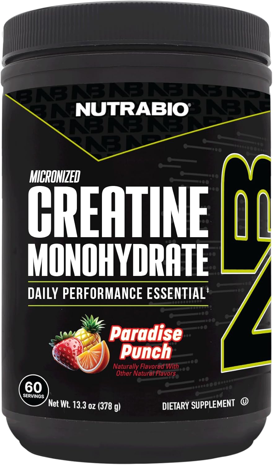 NutraBio Pure Micronized Creatine Monohydrate Powder Supplement,Paradise Punch Burst,(378g)