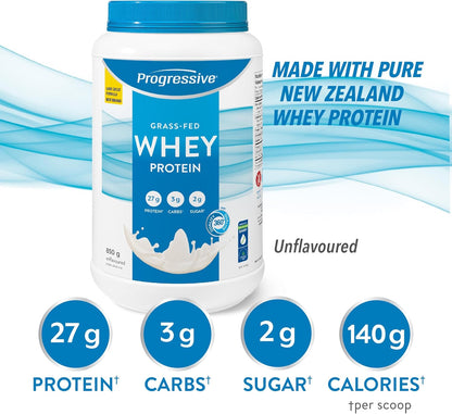 Progressive Grass-Fed 100% Whey Protein Powder Unflavoured, 27g of New Zealand Whey Concentrate per Scoop for Muscle Gain, Pasture-Raised, Non-GMO, Canadian-Made Antibiotic-free, Hormone-free, 850 g