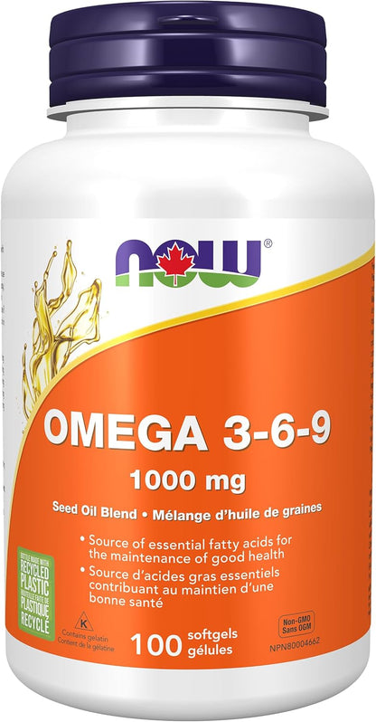 NOW Supplements，Omega 3-6-9 1000 毫克，混合亚麻籽、月见草、菜籽油、黑加仑油和南瓜籽油，100 粒软胶囊
